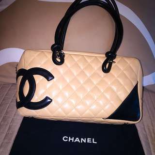 VINTAGE NUDE AND BLACK CHANEL LOGO BAG
