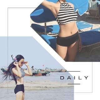 DAILY / 0023' 條紋削肩繞頸掛脖後綁帶微高腰泳衣/比基尼/泳裝/bikini