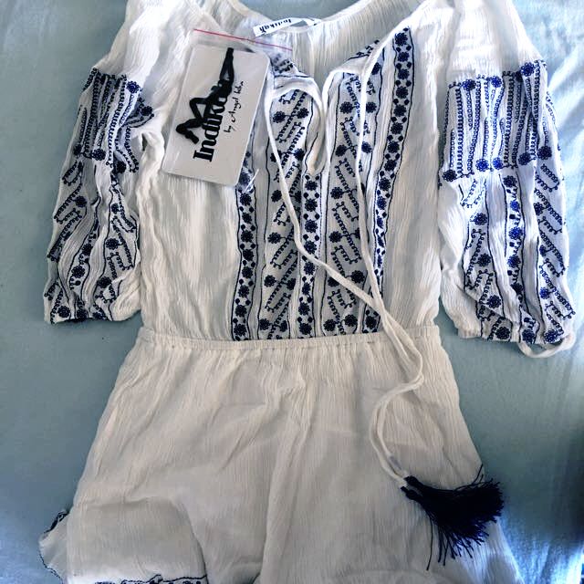 Indikah By Angel Biba Play Suit Jumpsuit White W Navy Women S