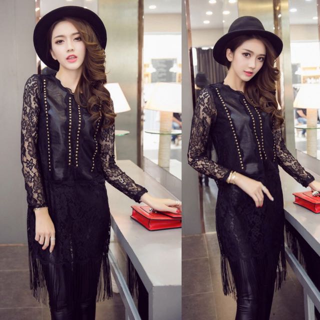 Black Rivet Leather Lace Fringe Tassels Punk Rock Chic Loose Dress