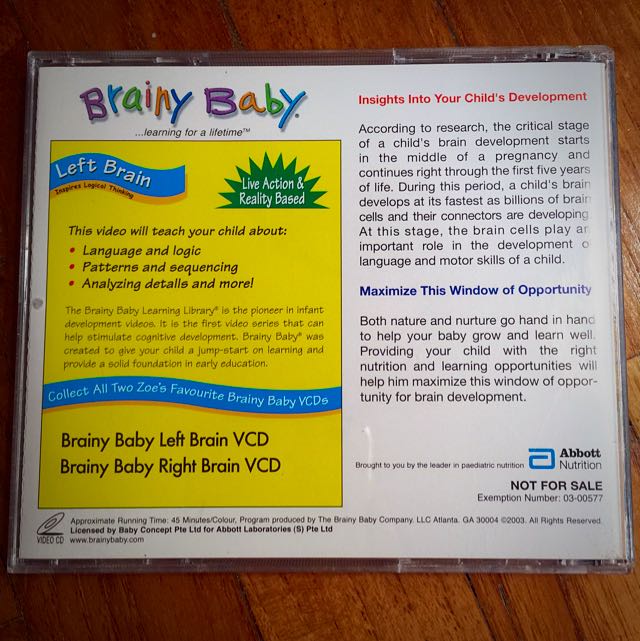 Brainy Baby Left Brain VCD, Babies & Kids, Nursing & Feeding, Weaning ...