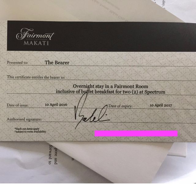 Fairmont Makati City, 2 nights stay at Fairmont Room and 1 night stay