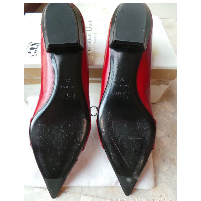 Authentic Christian Dior Red Low Heel Flat Pointed Logo Shoes