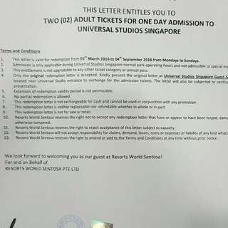 USS TICKETS FOR TWO (UNIVERSAL STUDIOS SINGAPORE)