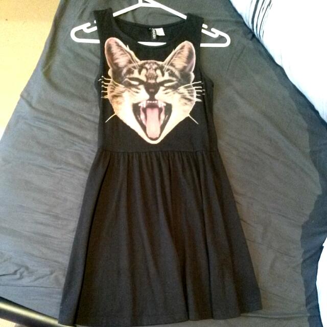 H M Divided Cat Print Black Skater Mini Dress Xs 6 8 Women S