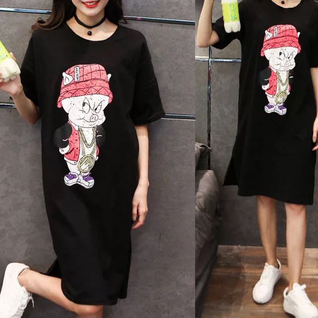 Plus Size Korean Women To Do The Old Cartoon Printed Long Section Of Compassionate Loose Black Short Sleeved T Shirt Cotton Summer Dress Women S Fashion Clothes On Carousell