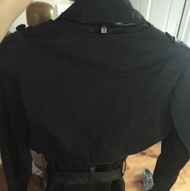 RUDSAK Black Trench Coat With Leather Trim And Waist Belt Luxury