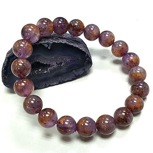 Natural Amethyst Cacoxenite Purple Rutilated Quartz Crystal Bracelet 9mm