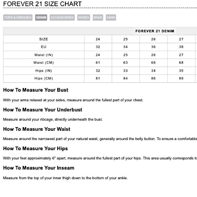 Forever 21 Pants Size Chart Conversion