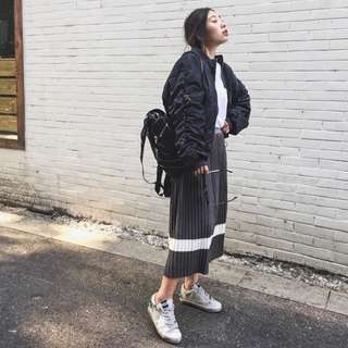 韓國訂製 針織 條紋 百折 長裙