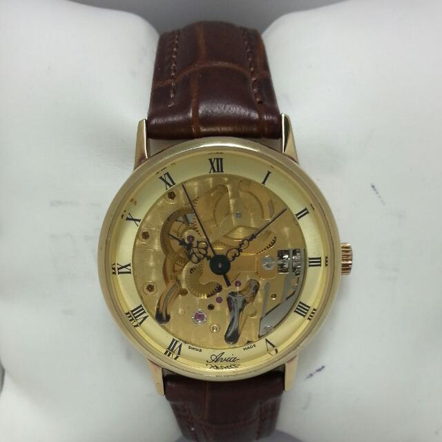 Vintage 1970s Swiss Avia Manual Wind Skeleton Roman Numerals Gold