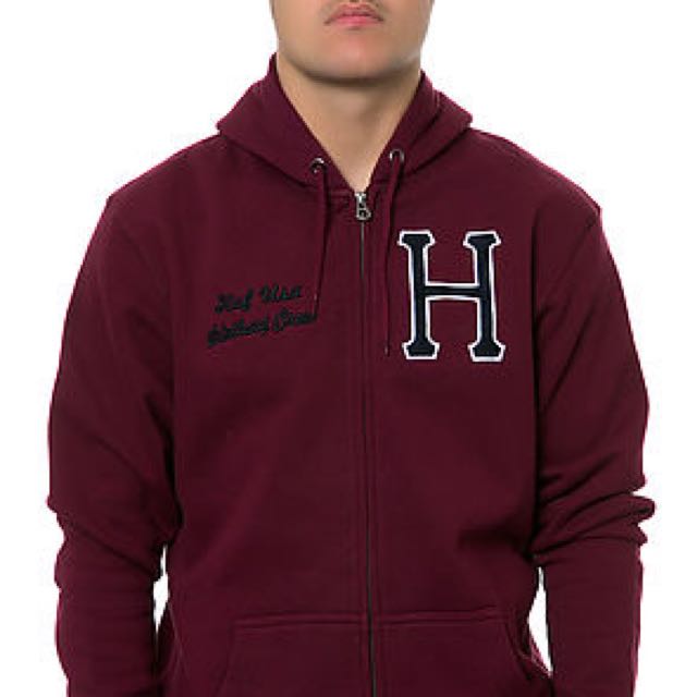 HUF USA Zip up Hoodie Wine Colourway Men s Fashion Tops Sets