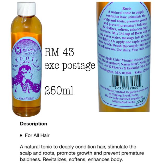 Roots Apple Cider Vinegar Hair Tonic 250 Ml, Beauty & Personal Care, Hair on Carousell