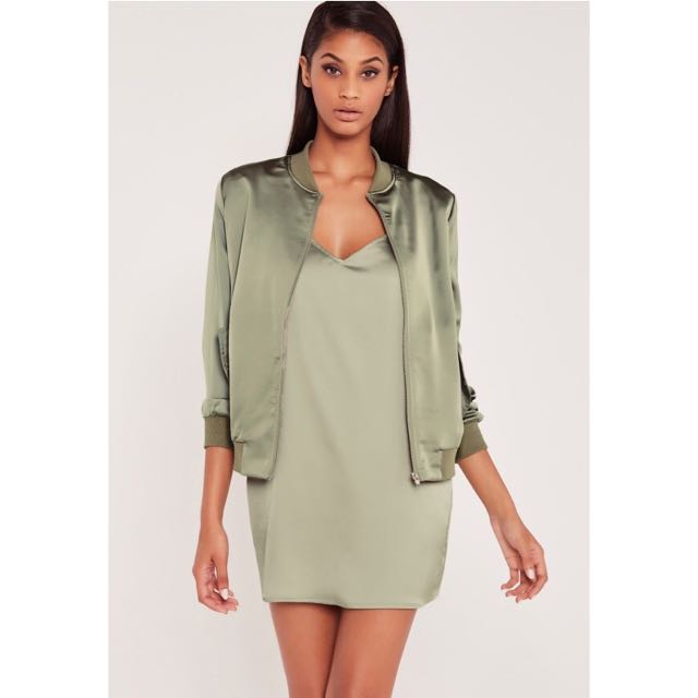 Missguided Carli Bybel Satin Bomber Jacket Green Women S Fashion
