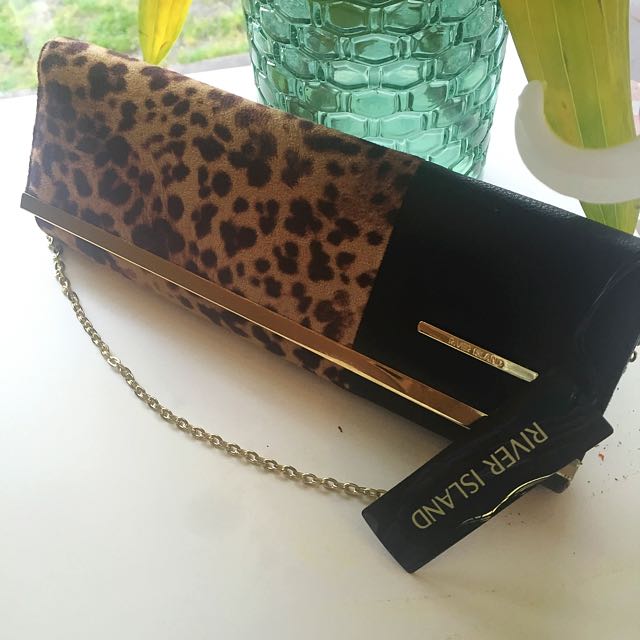 River Island Uk Black And Leopard Print Clutch Bag