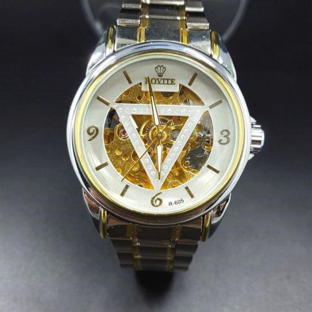 ROVITE Silver Gold Skeleton Automatic Mechanical Stainless Steel