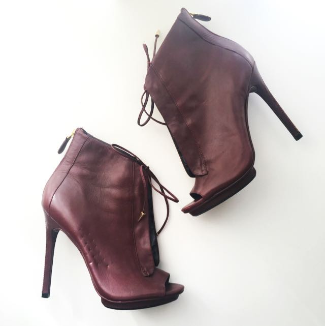 burgundy open toe booties