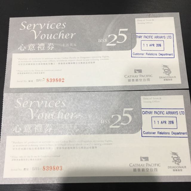 Cathay Pacific Airline - $50 Worth Service Vouchers, Tickets ...