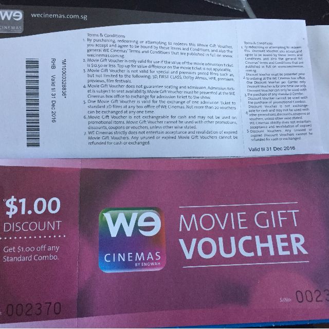 10 WE Cinemas movie vouchers, Tickets & Vouchers, Vouchers on Carousell
