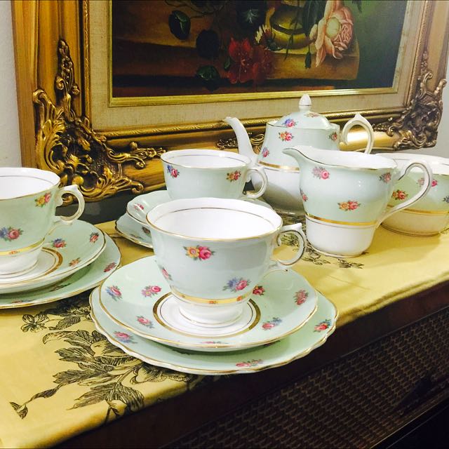 RESERVED Colclough 1940s Mint Green Floral Bone China Tea Set