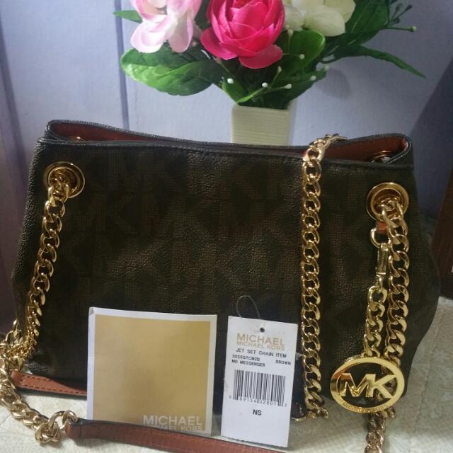 AUTHENTIC MICHAEL Michael Kors Jet Set Chain MD Messenger Bag BROWN
