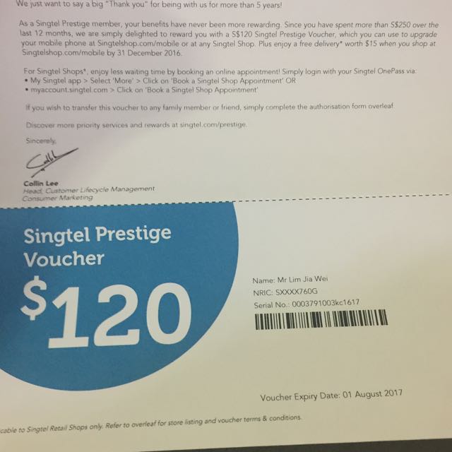 120 SingTel Prestige Voucher, Mobile Phones & Gadgets, Mobile & Gadget
