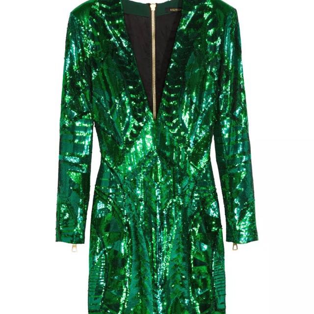 balmain h&m green sequin dress