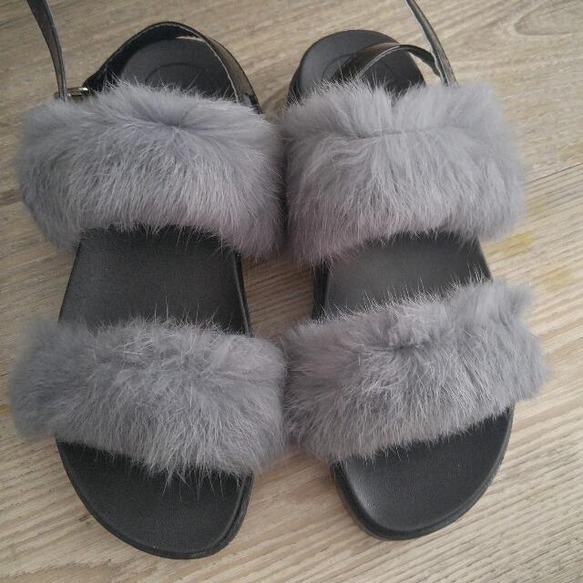 Double strap fur top sandals