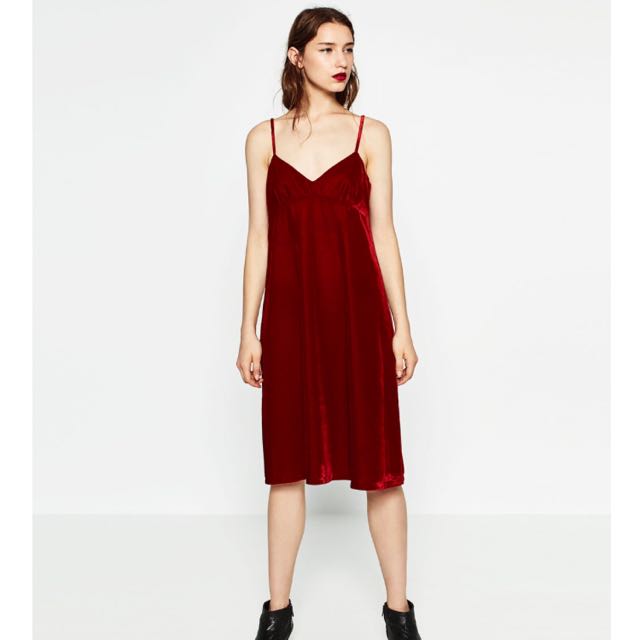 BN Zara Intense Red Velvet Dress, Women 