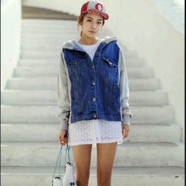White hoodie with jean jacket top