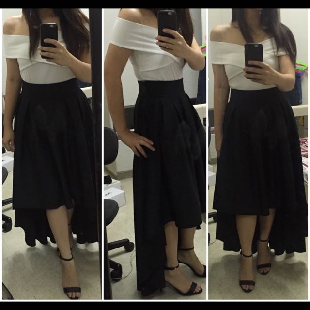 top with black long skirt