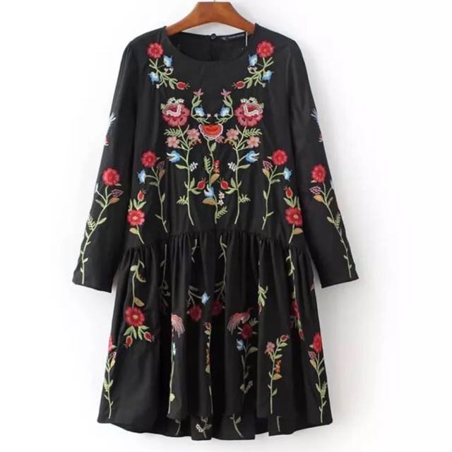 Zara Inspired Former Flower Embroidery Loose Long And Short Sleeved Black Dress Women S Fashion Clothes On Carousell