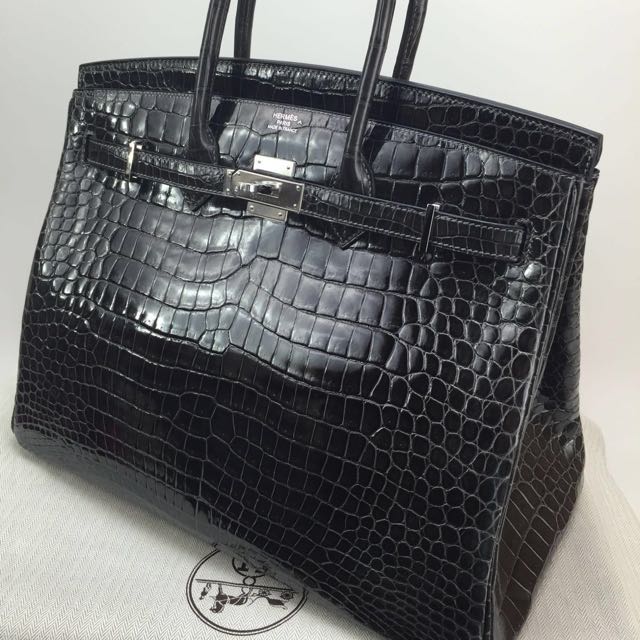 Hermes Shiny Porosus Crocodile Birkin Bag 35 Black