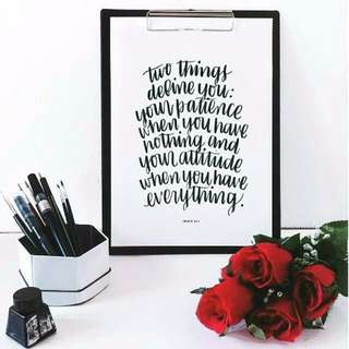 Brush Lettering Print (Patience & Attitude) (With Frame) - Sold