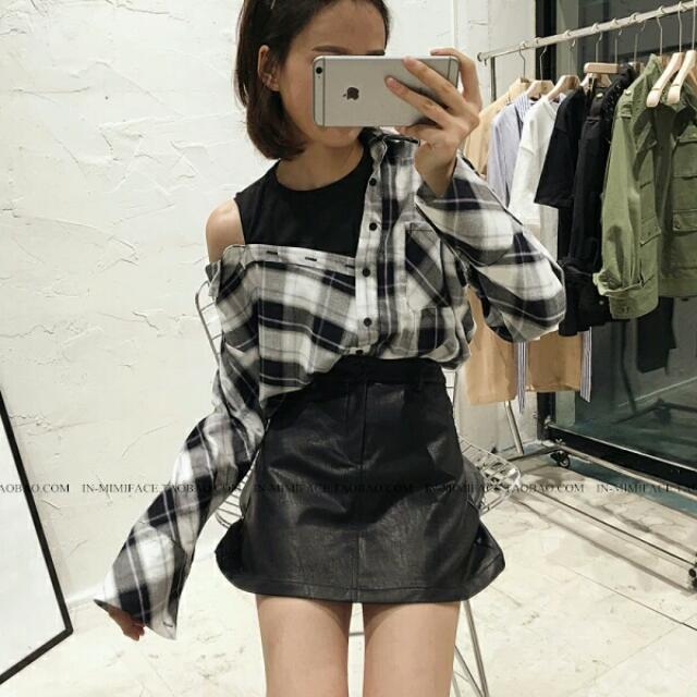 Oversized Off Shoulder Checkered Shirt 