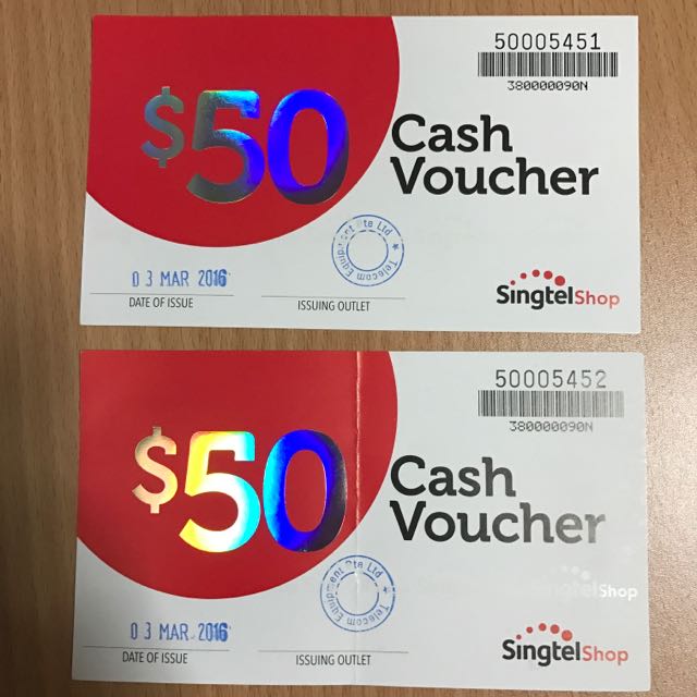 2 X 50 Singtel Shop Cash Vouchers Mobile Phones Tablets