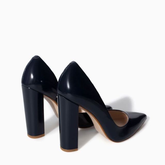 navy leather block heel pumps