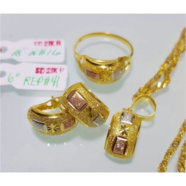 21k 875 Tricolor Ring Earrings Necklace Set Genuine Solid Gold
