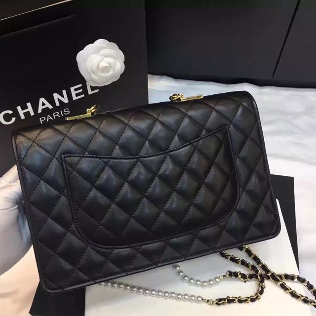 Chanel Lambskin with Fantasy Pearls Large Evening Flap Bag A98572 Black 2016