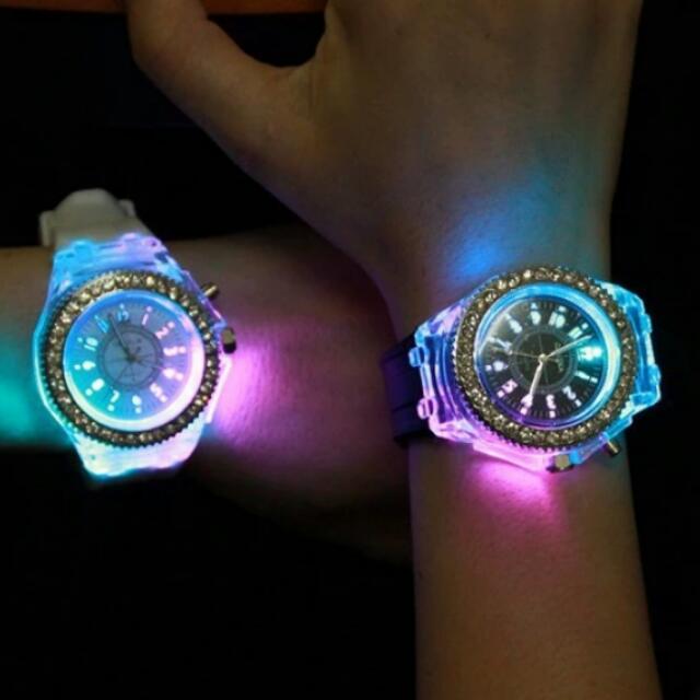 Led Watch Light Luminous Black Diamond Rhinestone Silicone New Glow Women Men Pink Blue New