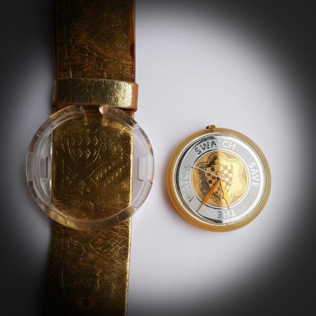 SWATCH POP out Watch With Gold Genuine Leather Strap, Mobile Phones ...