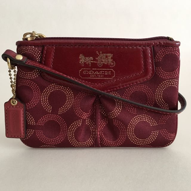 Coach Satin Small Wristlet Deep Burgundy Wine Red