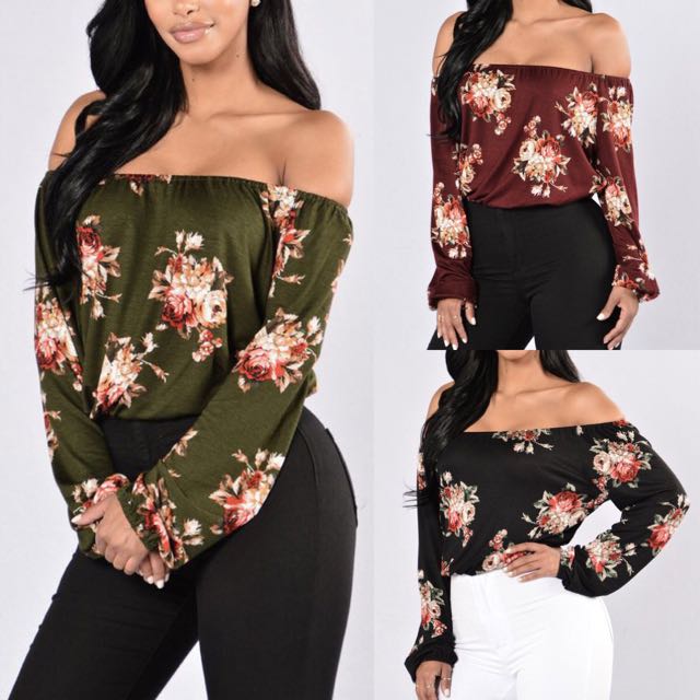 Floral Boat Neck Casual Chic Top Black Wine Red Army Green