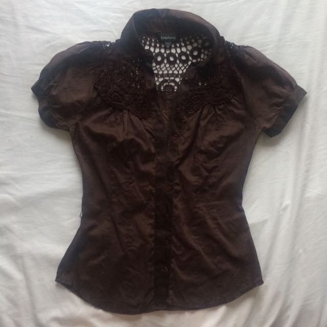 Bebe Crochet Short Sleeve Shirt Brown Xsmall Women S Fashion Clothes Tops On Carousell