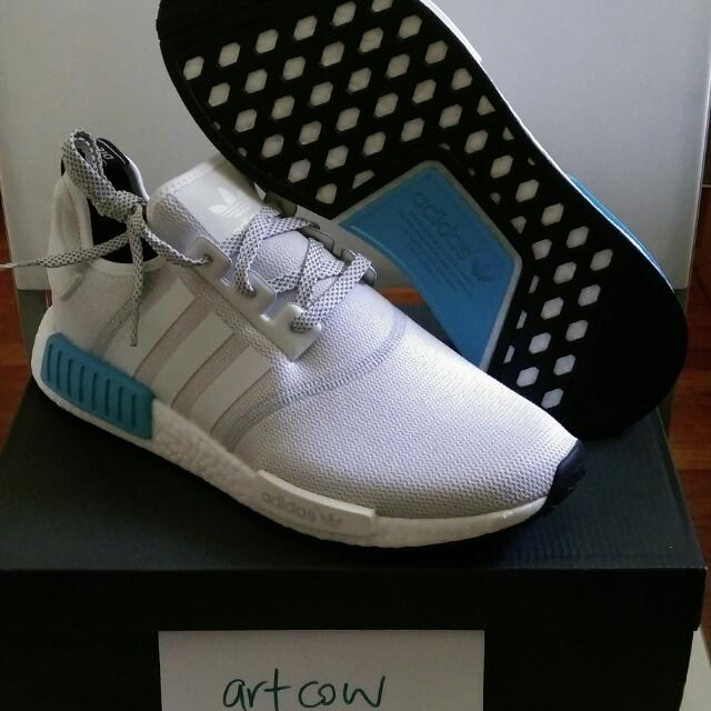 Final Price 1x Japanese Heel Tab Brand New In Stock Adidas Men s NMD R1 White White Cyan
