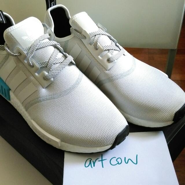Final Price 1x Japanese Heel Tab Brand New In Stock Adidas Men s NMD R1 White White Cyan Men s Fashion Footwear Sneakers on Carousell