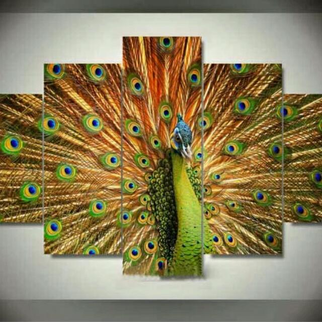 5 Panel Large Hd Printed Oil Painting Peacock Canvas Print Home