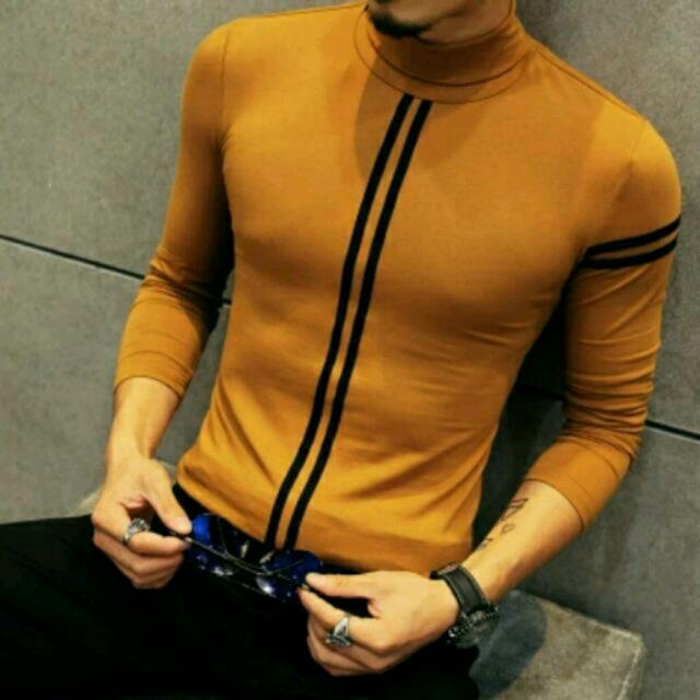 Hot Autumn Men s T Shirt New Fashion Turtleneck Striped Long