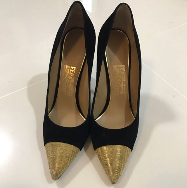 Ferragamo High Heels Black With Classy Gold Tip Shoes