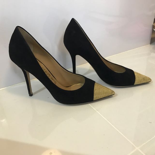 Ferragamo High Heels Black With Classy Gold Tip Shoes